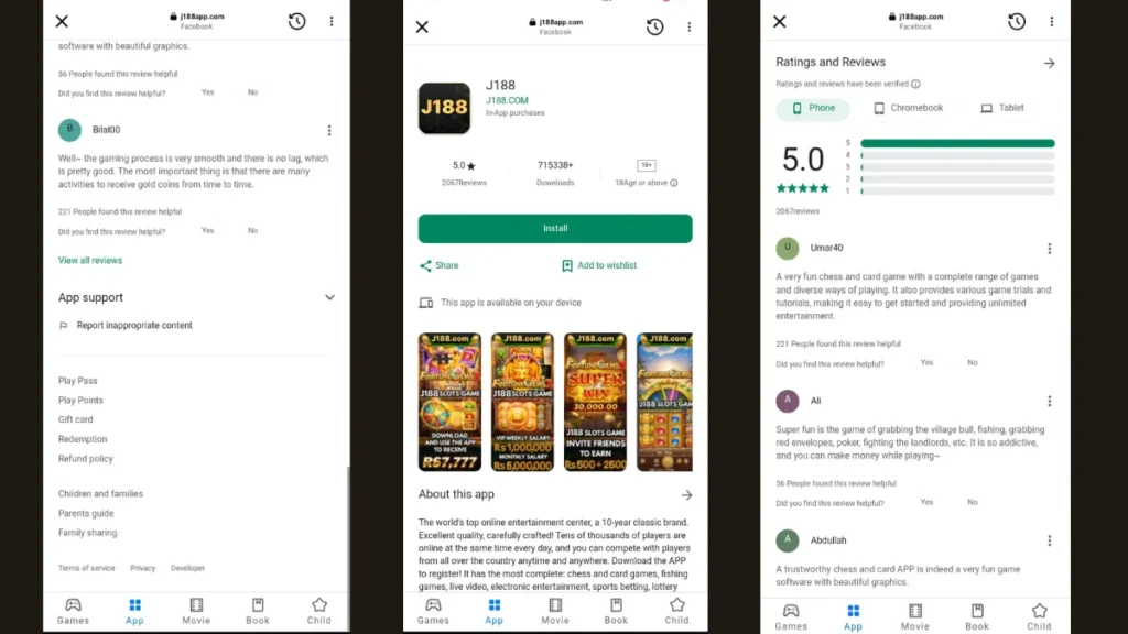 Screenshots of reviews of J188 App reviews