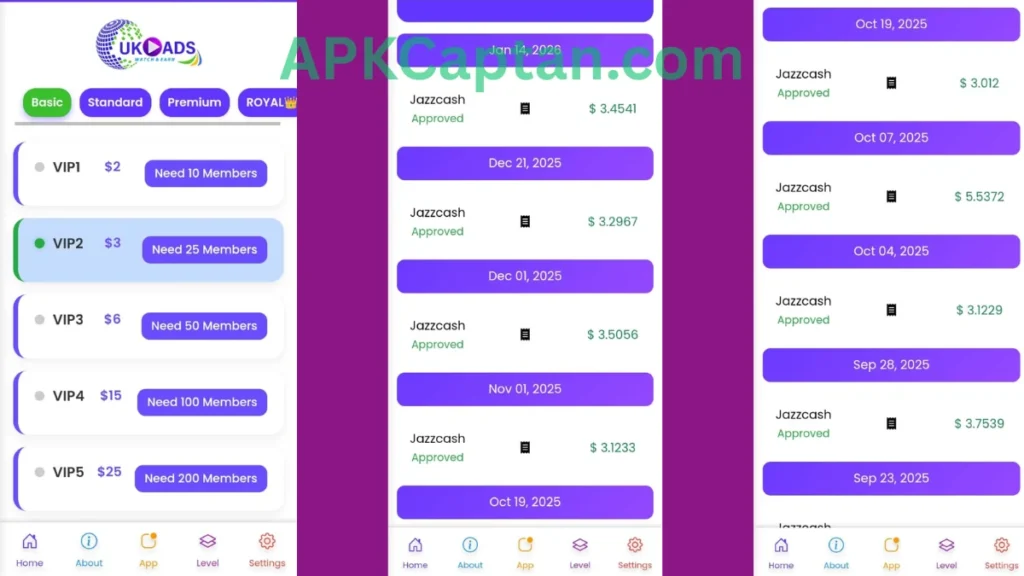 UKAds App earning planes and withdrawal records of app