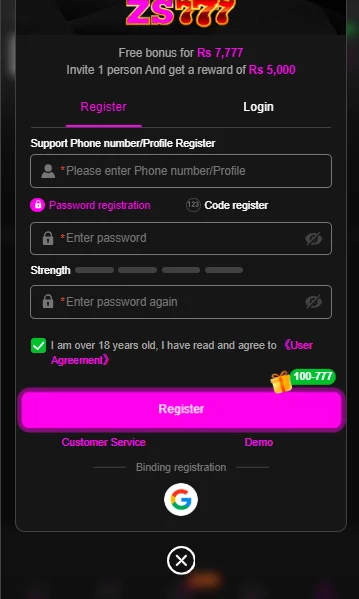 Screenshot of registration process in ZS777 App