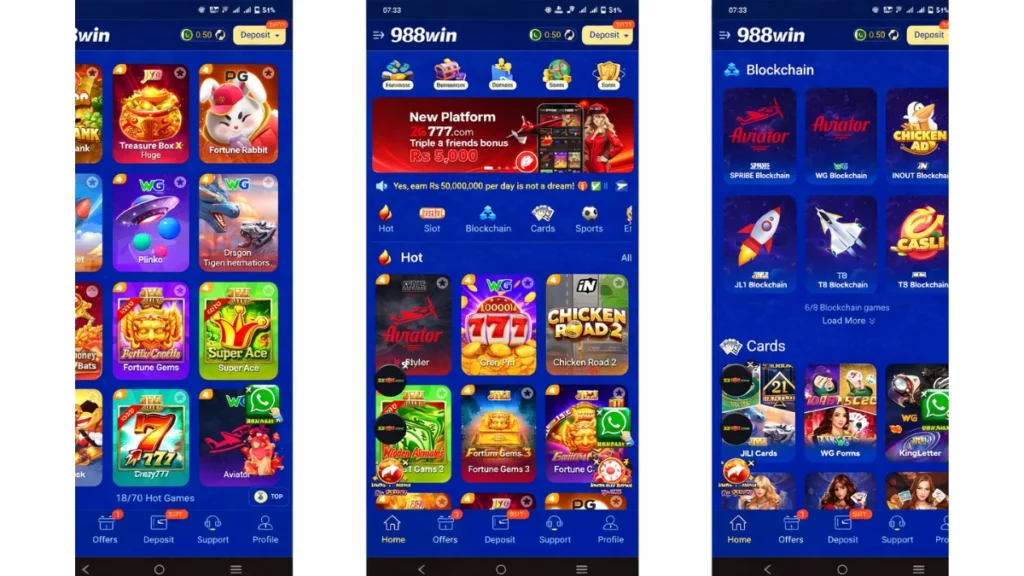 Screenshots of games and home page of 988 Win