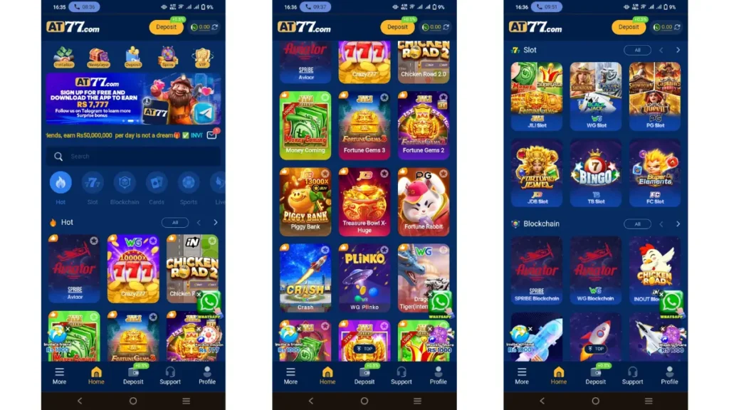 App interface and games in at77 app