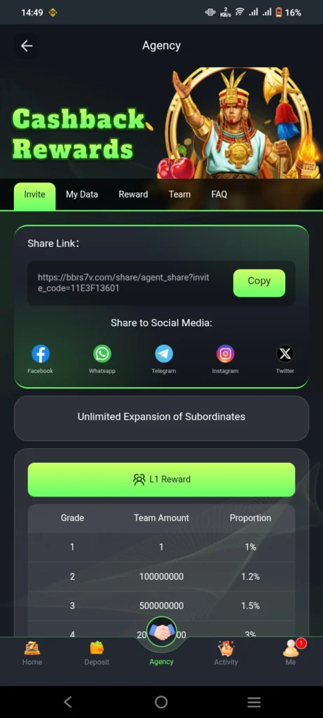 Referral link and view of agency page of the app