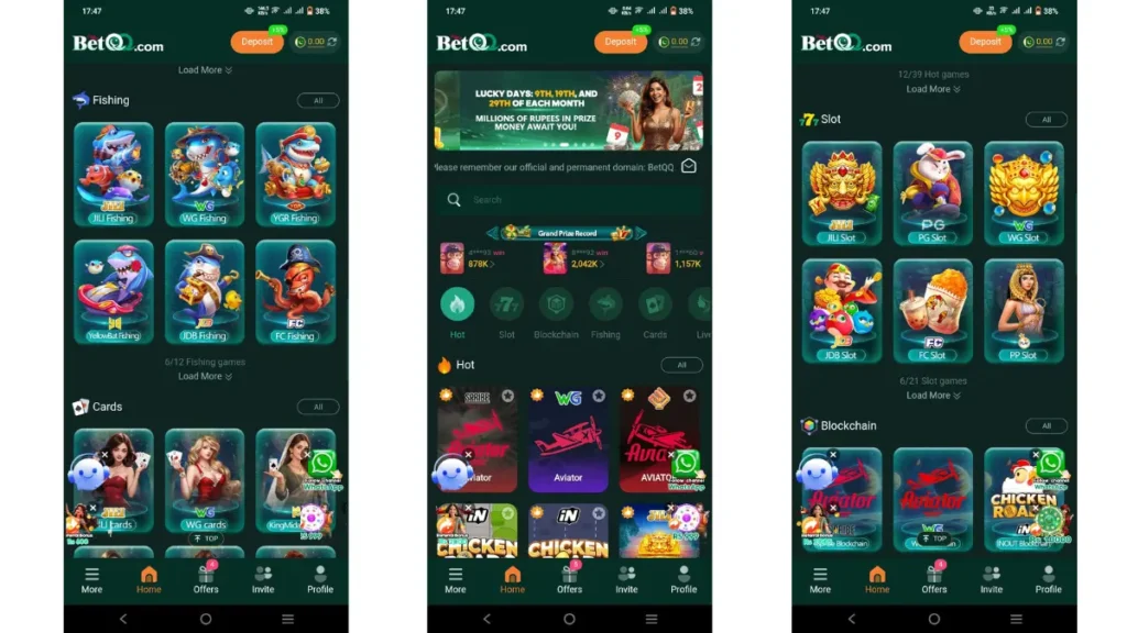Screenshots showing home page and games with dark green theme