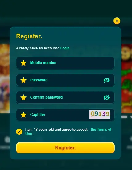 Registration page of game