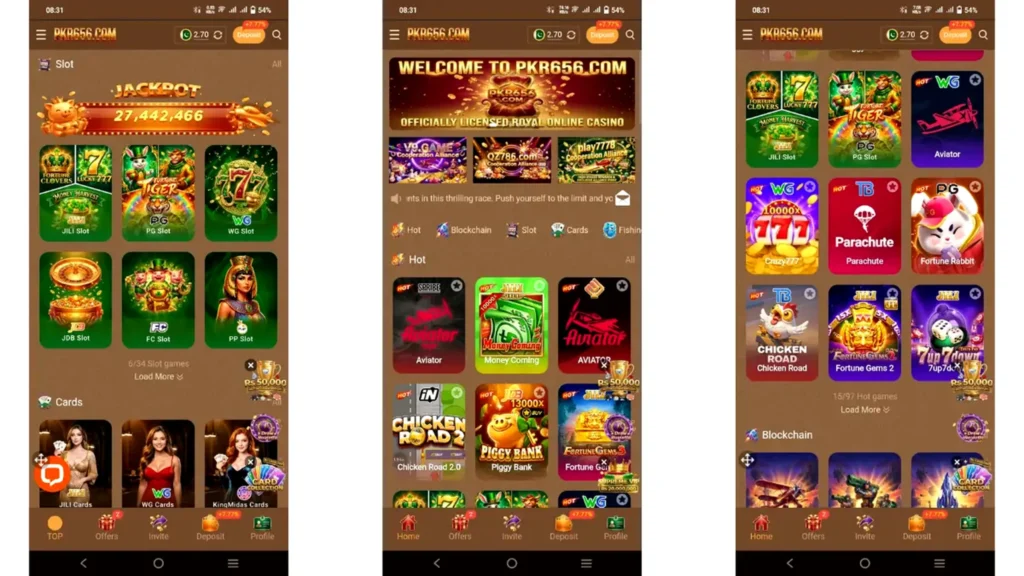 Screenshots of home page and games