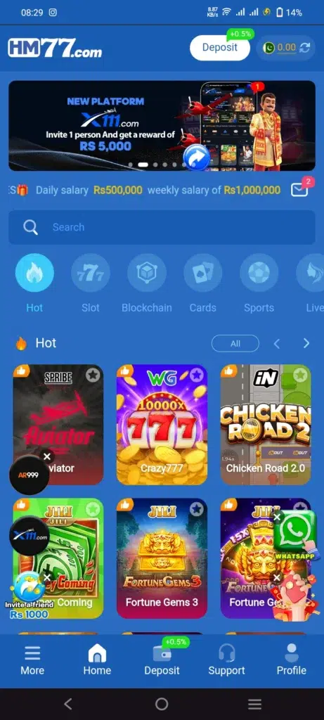 Home screen of the HM77D game with game icons