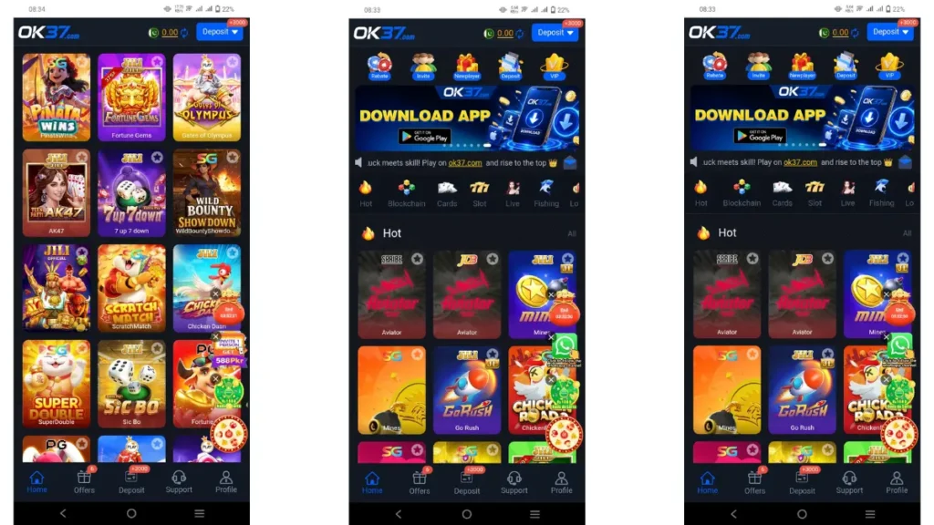 Game lobby and mini games inside the ok37