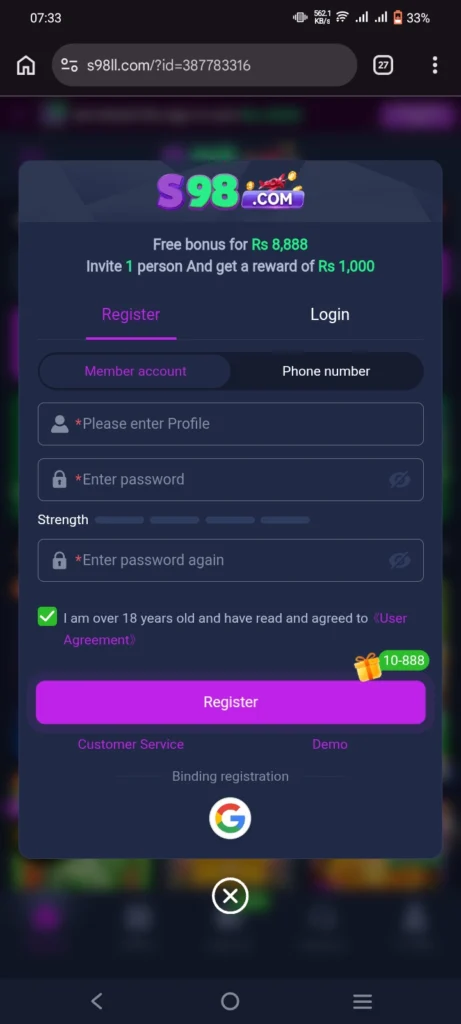 Registration and login page of S98 APK