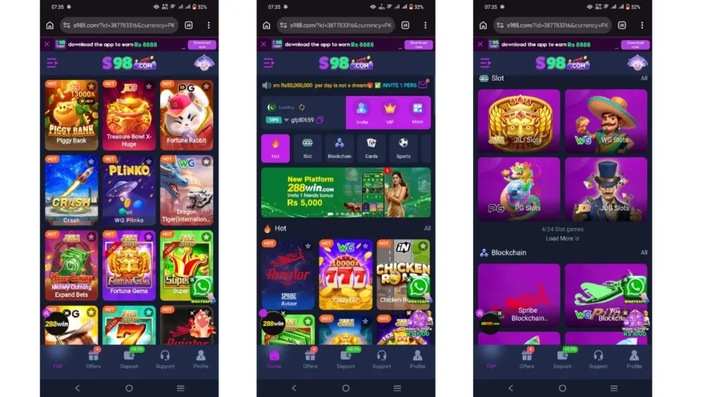 screenshots showing different games and home page of s98