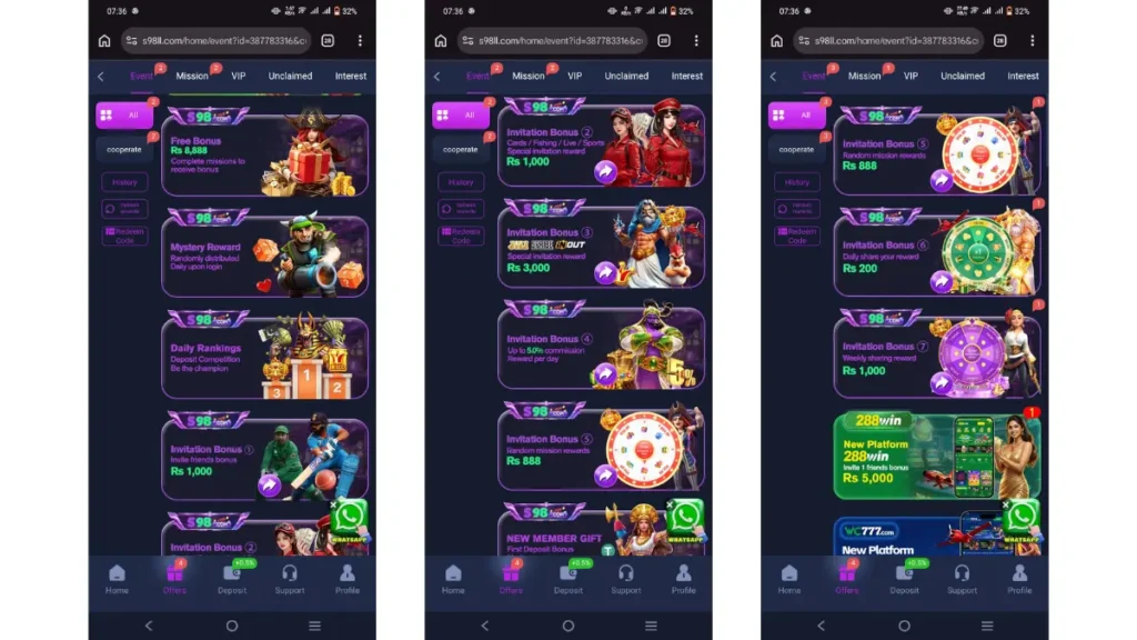 Bonuses and offer section in s 98 apk